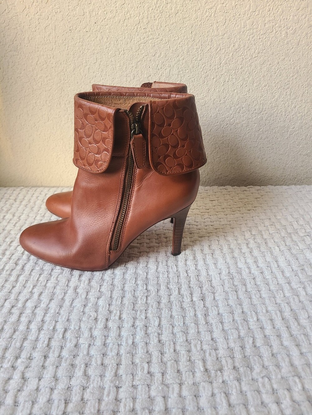 Coach Women's Fold-Over Mackenna Ankle Booties in Cognac Brown Size 9.5